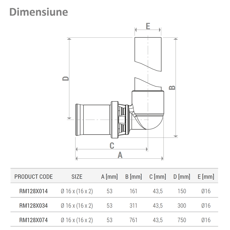 Casa si Gradina - Sanitare - Instalatii hidro - Fitinguri - Cot presare Giacomini RM128X074, 90°, cu teava cupru cromat Ø16 mm, lungime 750 mm, pentru tevi multistrat si plastic - Infinity.ro