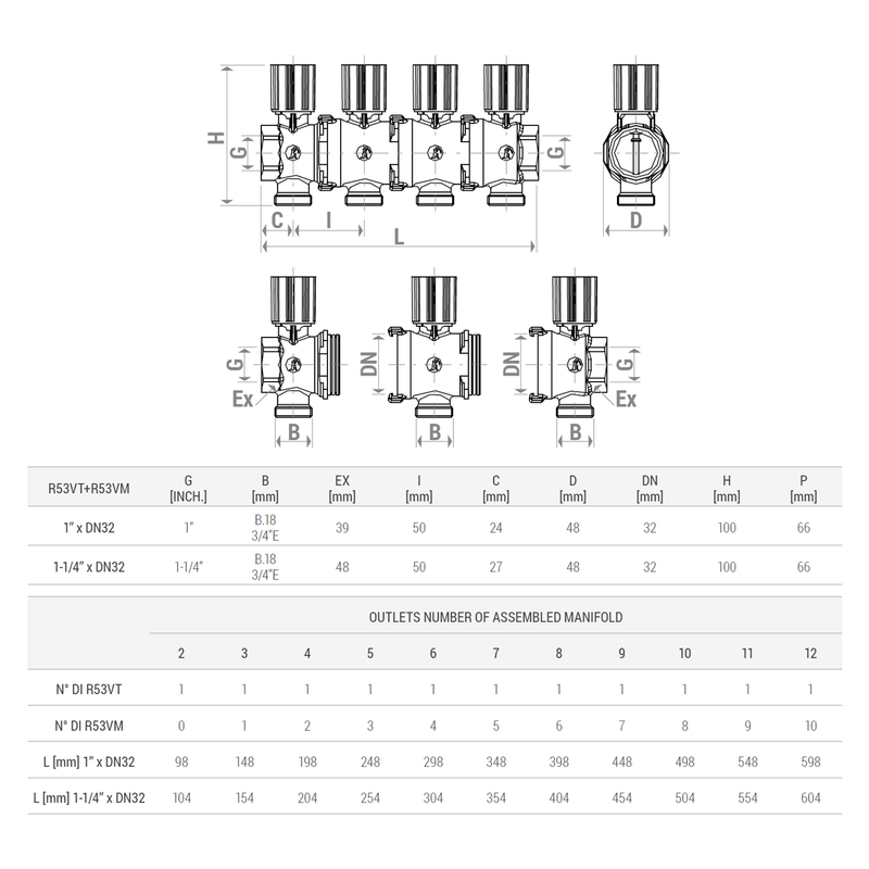 Casa si Gradina - Termice - Instalatii termice - Incalzire in pardosela - Set colector modular Giacomini R53VTY006, cu robinete de inchidere manuale, racord G1” x DN32 x B.18 - Infinity.ro