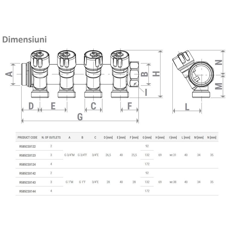 Casa si Gradina - Termice - Instalatii termice - Incalzire in pardosela - Distribuitor modular Giacomini R585CSX123, 3 iesiri, cu robinete de inchidere, 3/4” x 3/4”E, alama nichelata - Infinity.ro