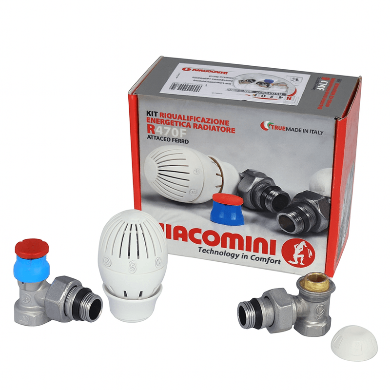 Casa si Gradina - Termice - Calorifere si accesorii - Accesorii calorifere - Kit robinet cu cap termostatic Giacomini R470 R470AX003, robinet unghiular 1/2”, ventil si robinet retur, adaptor - Infinity.ro