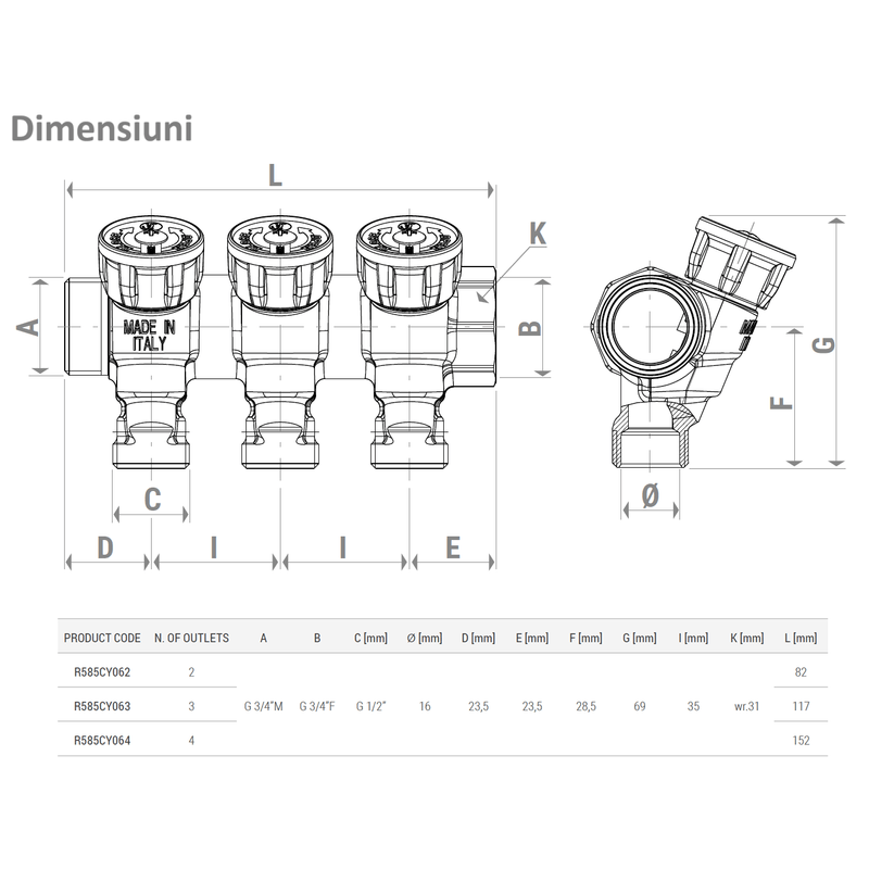 Casa si Gradina - Termice - Instalatii termice - Incalzire in pardosela - Distribuitor modular din alama Giacomini R585CY063, 3 iesiri 1/2”, cu robinete de inchidere, racord 3/4” - Infinity.ro