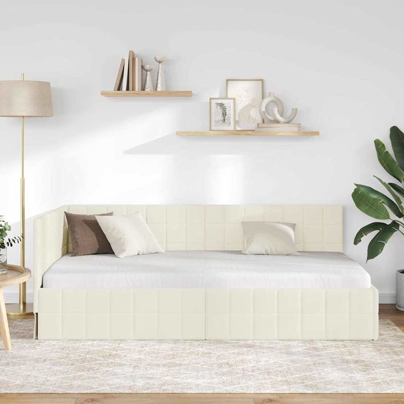 Casa si Gradina - Mobilier - Paturi si accesorii - Paturi - Cadru de pat coltar cu headboard Crem 90 x 190 cm Catifea - Infinity.ro