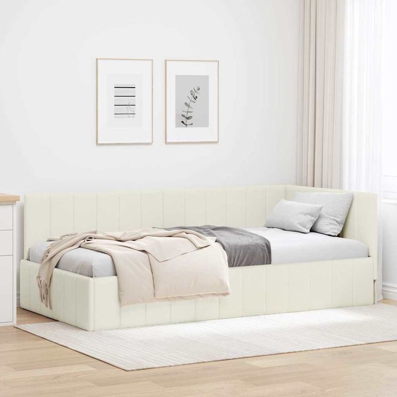 Casa si Gradina - Mobilier - Paturi si accesorii - Paturi - Cadru de pat coltar cu headboard Crem 90 x 190 cm Catifea - Infinity.ro