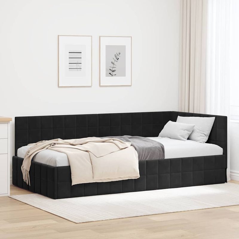 Casa si Gradina - Mobilier - Paturi si accesorii - Paturi - Cadru de pat coltar cu headboard Negru 90 x 190 cm Catifea - Infinity.ro