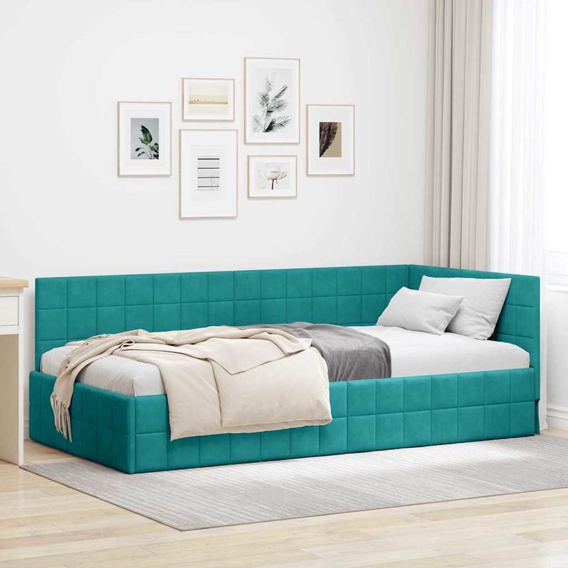 Casa si Gradina - Mobilier - Paturi si accesorii - Paturi - Cadru de pat coltar cu headboard Turcoaz 90 x 200 cm Catifea - Infinity.ro