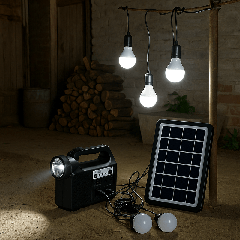 Casa si Gradina - Corpuri si surse de iluminat - Iluminat exterior - Lampi solare - Set panou solar, Cu 3 Becuri, Incarcator USB Si Lanterna, GD-Light 8017 Plus, Brivoo® - Infinity.ro
