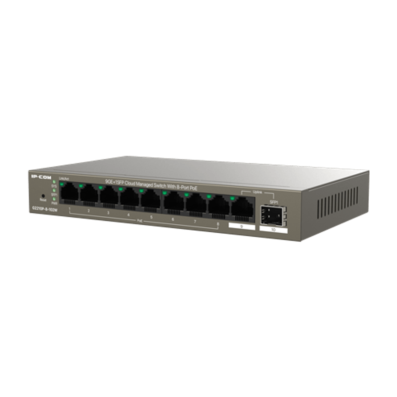 PC, gaming si accesorii - Retelistica - Switch-uri - Switch-uri cu management - Switch 8 porturi PoE, 1 port RJ45, 1 port SFP, Gigabit, Cloud Management - IP-COM G2210P-8-102W - Infinity.ro