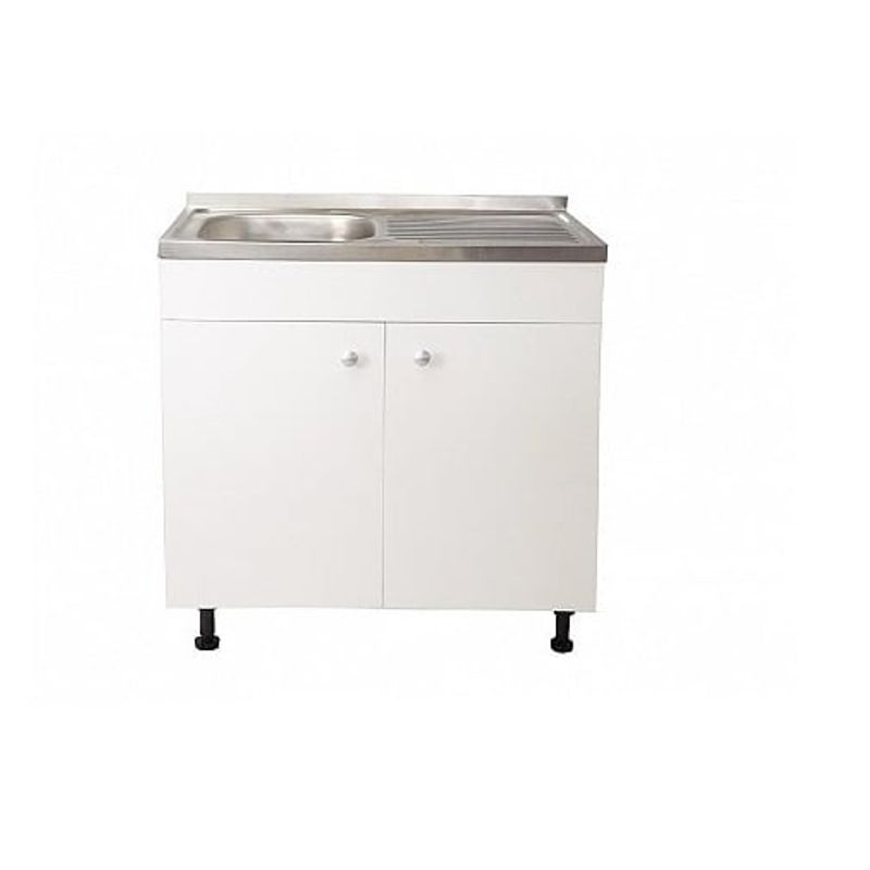 Casa si Gradina - Sanitare - Chiuveta bucatarie si accesorii - Chiuvete bucatarie - Set Masca Chiuveta Alba 80 cm X 50 cm X 80 cm, chiuveta inox cuva stanga, baterie tija lunga si sifon scurgere - Infinity.ro