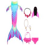 Fashion, accesorii si bijuterii - Copii - Lenjerie si pijamale copii - Costume de baie copii - Set 7 piese Costum Sirena Printesa Ariel THK®,  coada sirena, slip, top, colier, bratara, 140 cm - Infinity.ro