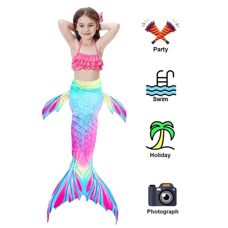 Fashion, accesorii si bijuterii - Copii - Lenjerie si pijamale copii - Costume de baie copii - Set 7 piese Costum Sirena Printesa Ariel THK®,  coada sirena, slip, top, colier, bratara, 140 cm - Infinity.ro