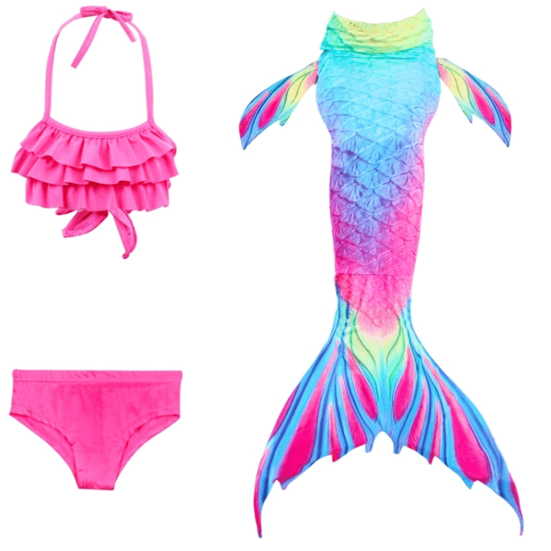 Fashion, accesorii si bijuterii - Copii - Lenjerie si pijamale copii - Costume de baie copii - Set 7 piese Costum Sirena Printesa Ariel THK®,  coada sirena, slip, top, colier, bratara, 140 cm - Infinity.ro