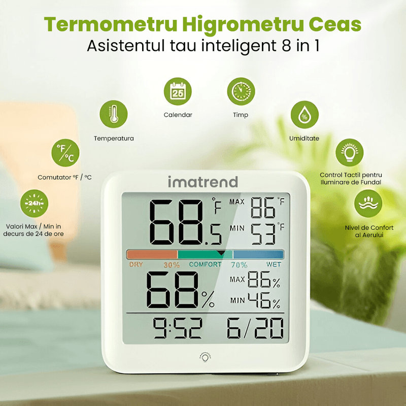 TV, Audio-Video si Foto - Optica, astronomie si metrologie - Meteorologie - Termometre Meteo - Termometru si Higrometru de camera IMA Trend YG5275 Pro, ecran 3.7 inch, Indica Ora si Data, Lumina, Indicator comfor - Infinity.ro
