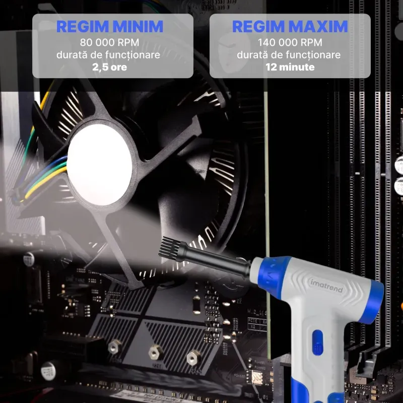 Casa si Gradina - Gradinarit si plante - Utilaje gradina - Aspiratoare, suflante si tocatoare - Suflanta Aer Portabila IMA Trend Blower, Aspirator, Turbo Fan, 140000 RPM, 4 Trepte, 5000mAh, USB-C, Albastru - Infinity.ro