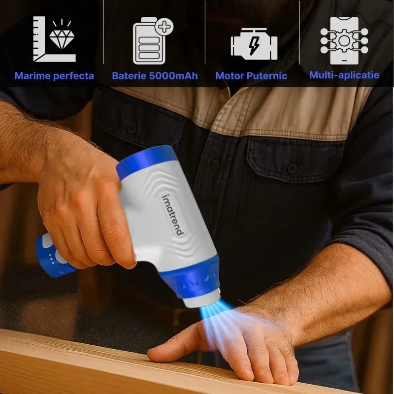 Casa si Gradina - Gradinarit si plante - Utilaje gradina - Aspiratoare, suflante si tocatoare - Suflanta Aer Portabila IMA Trend Blower, Aspirator, Turbo Fan, 140000 RPM, 4 Trepte, 5000mAh, USB-C, Albastru - Infinity.ro