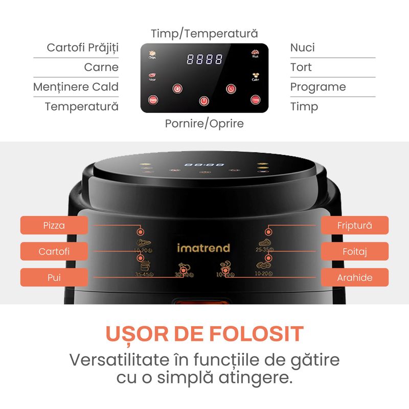 Electronice si Electrocasnice - Electrocasnice bucatarie - Aparate de gatit & desert - Friteuze - Friteuza cu aer cald, fara ulei, IMA TREND XL Air Fryer, 1400W, capacitate 8L, temperatura ajustabila 80-210°C, Negru - Infinity.ro
