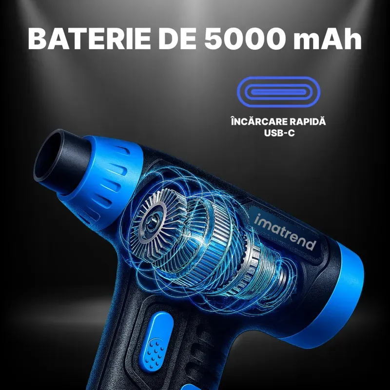 Casa si Gradina - Gradinarit si plante - Utilaje gradina - Aspiratoare, suflante si tocatoare - Suflanta Aer Portabila IMA Trend Blower, Aspirator, Turbo Fan, 140000 RPM, 4 Trepte, 5000mAh, USB-C, Albastru - Infinity.ro