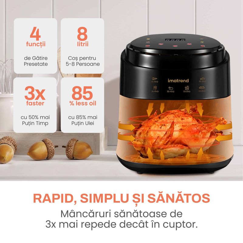 Electronice si Electrocasnice - Electrocasnice bucatarie - Aparate de gatit & desert - Friteuze - Friteuza cu aer cald, fara ulei, IMA TREND XL Air Fryer, 1400W, capacitate 8L, temperatura ajustabila 80-210°C, Negru - Infinity.ro