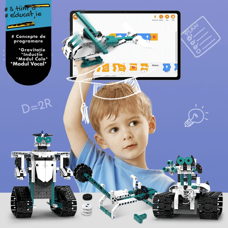 Jucarii, Copii si Bebe - Jucarii si jocuri - Jucarii & jocuri educative - Jocuri de memorie si inteligenta - Set educativ 5-in-1 Robot STEM cu Programare prin Aplicatie – Jucarie Inteligenta DIY Electrica, Cadou pentru Copii 6+ - Infinity.ro