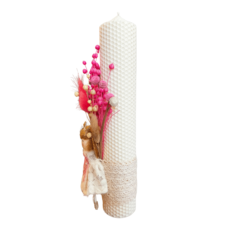 Fashion, accesorii si bijuterii - Copii - Articole botez - Trusouri si accesorii botez - Lumanare de botez “FLORI SI ZANE” din ceara naturala decorata cu flori uscate si zane+sticluta cu mirodenii pentru baita - Infinity.ro