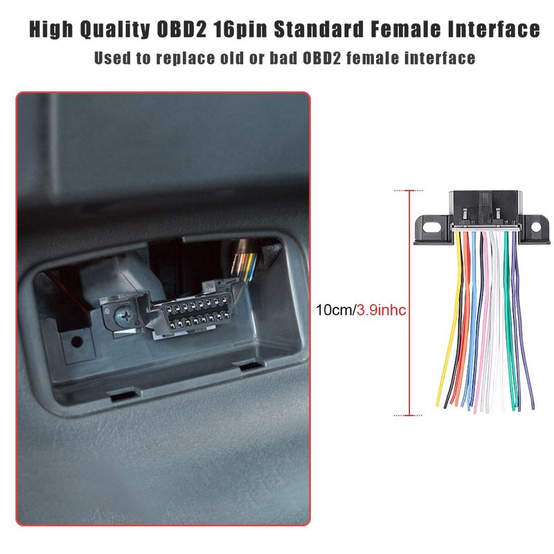 Auto si Moto - Reparatii si depanare - Sisteme de diagnoza - Conector OBD2 femela 16 pini cu fire, Techstar, pigtail 10 cm, J1962 Type A 12V – pentru relocare/inlocuire port - Infinity.ro