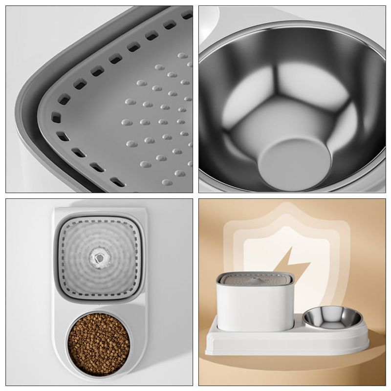 Petshop - Accesorii petshop - Castroane si adapatori - Dispenser apa automat 2in1 cu bol pentru mancare, fantana pentru animale cu sistem de recirculare, 3L, silentioasa, Alb - Infinity.ro