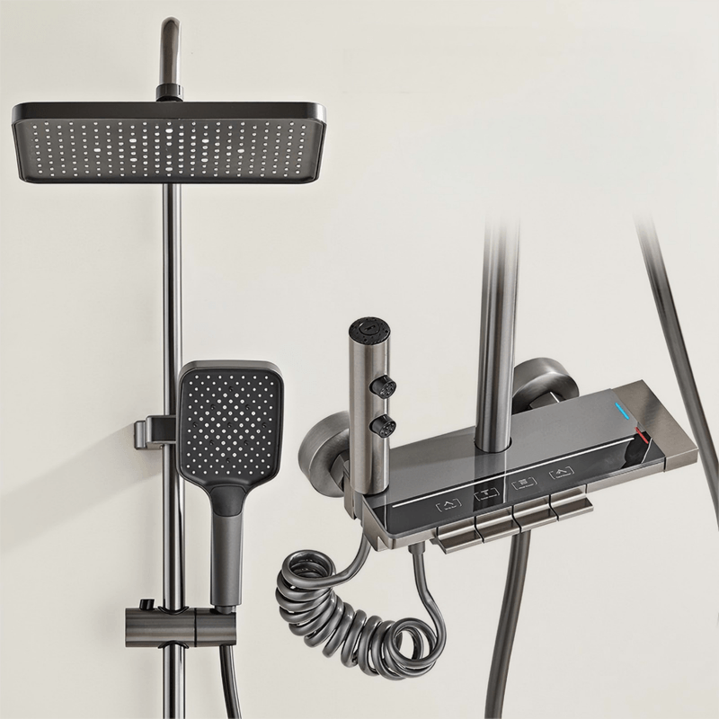 Casa si Gradina - Sanitare - Cazi si cabine de dus - Coloane si seturi de dus - Coloana de Dus smart, Ecran LED, Temperatura, Lumini, 4 Moduri, Dus Vertical, Robinet ascuns, fara electric, Aluminiu - Infinity.ro