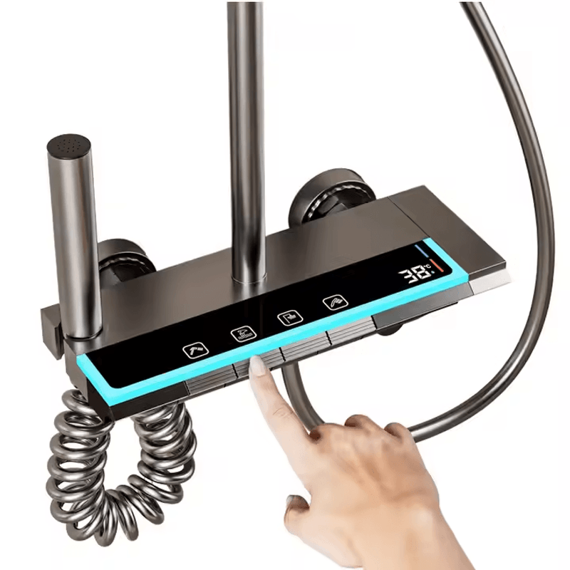 Casa si Gradina - Sanitare - Cazi si cabine de dus - Coloane si seturi de dus - Coloana de Dus smart, Ecran LED, Temperatura, Lumini, 4 Moduri, Dus Vertical, Robinet ascuns, fara electric, Aluminiu - Infinity.ro