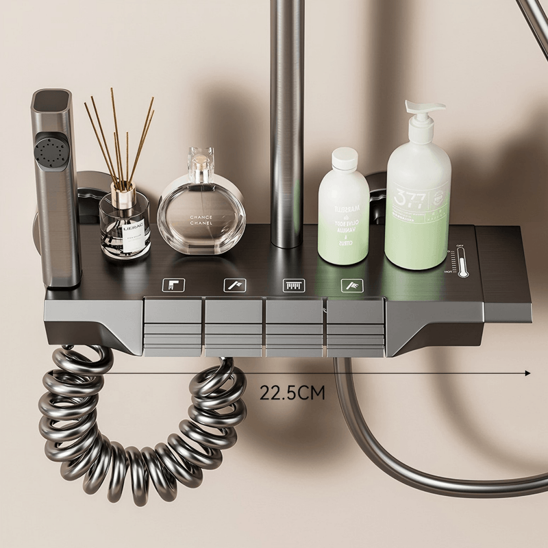 Casa si Gradina - Sanitare - Cazi si cabine de dus - Coloane si seturi de dus - Coloana de Dus cu suport, 4 Moduri utilizare, Rotatie 360°, Dus Vertical, Robinet ascuns, butoane piano, Aluminiu, Gri - Infinity.ro