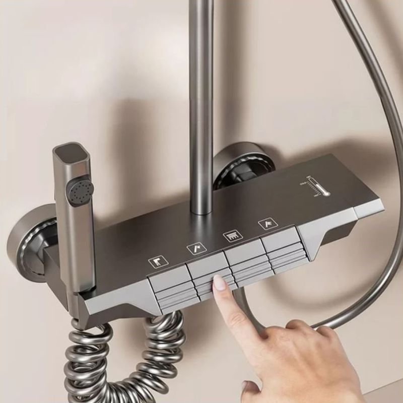 Casa si Gradina - Sanitare - Cazi si cabine de dus - Coloane si seturi de dus - Coloana de Dus cu suport, 4 Moduri utilizare, Rotatie 360°, Dus Vertical, Robinet ascuns, butoane piano, Aluminiu, Gri - Infinity.ro