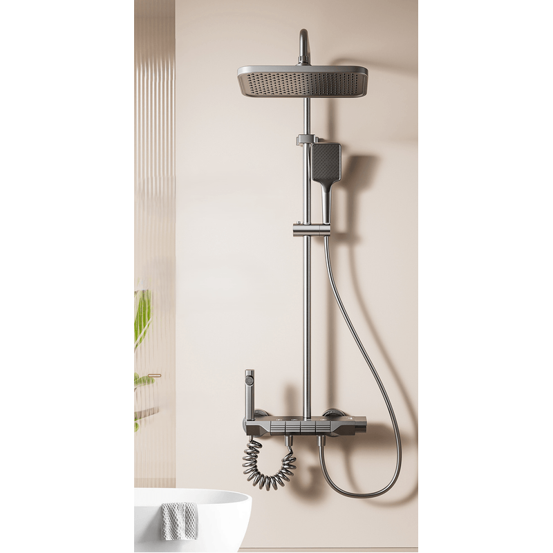 Casa si Gradina - Sanitare - Cazi si cabine de dus - Coloane si seturi de dus - Coloana de Dus cu suport, 4 Moduri utilizare, Rotatie 360°, Dus Vertical, Robinet ascuns, butoane piano, Aluminiu, Gri - Infinity.ro