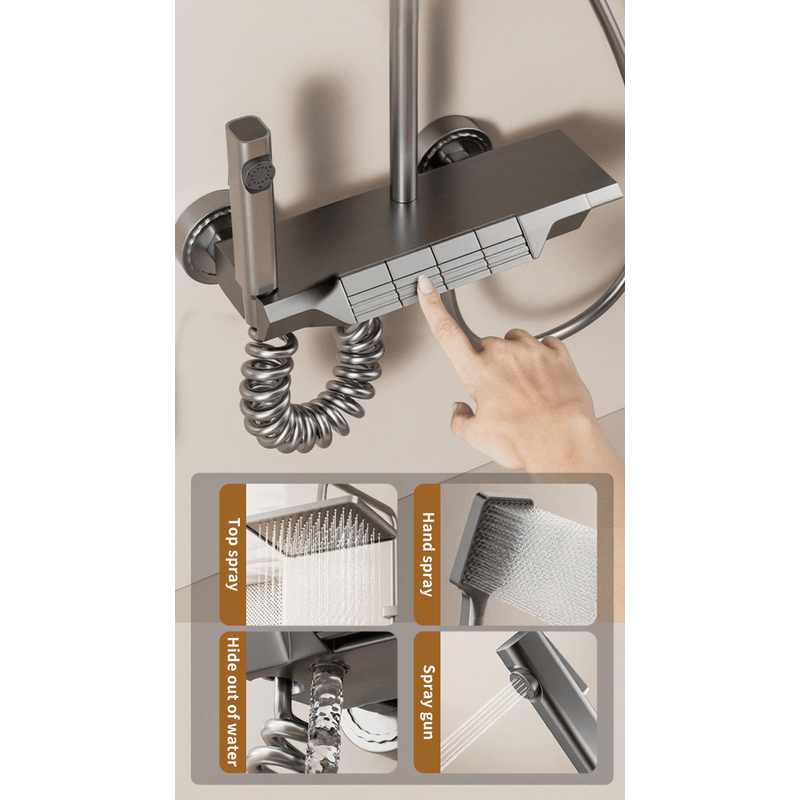 Casa si Gradina - Sanitare - Cazi si cabine de dus - Coloane si seturi de dus - Coloana de Dus cu suport, 4 Moduri utilizare, Rotatie 360°, Dus Vertical, Robinet ascuns, butoane piano, Aluminiu, Gri - Infinity.ro