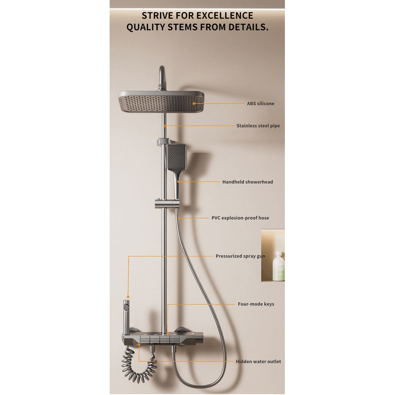 Casa si Gradina - Sanitare - Cazi si cabine de dus - Coloane si seturi de dus - Coloana de Dus cu suport, 4 Moduri utilizare, Rotatie 360°, Dus Vertical, Robinet ascuns, butoane piano, Aluminiu, Gri - Infinity.ro