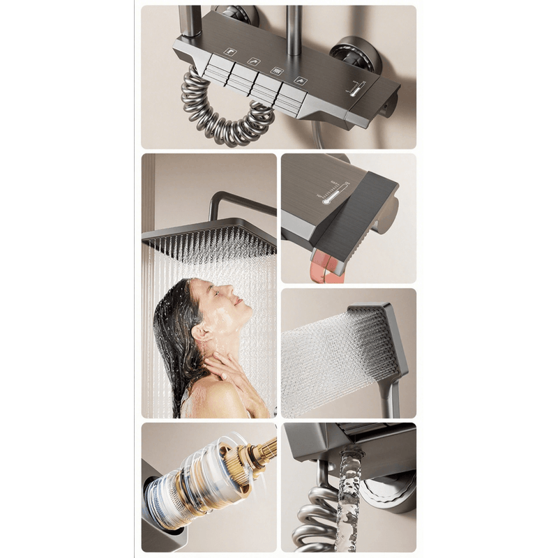 Casa si Gradina - Sanitare - Cazi si cabine de dus - Coloane si seturi de dus - Coloana de Dus cu suport, 4 Moduri utilizare, Rotatie 360°, Dus Vertical, Robinet ascuns, butoane piano, Aluminiu, Gri - Infinity.ro