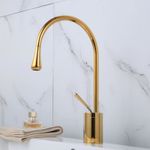 Casa si Gradina - Sanitare - Lavoar baie si accesorii - Baterii sanitare - Baterie sanitara pentru lavoar, inalta, pentru chiuveta baie, premium, cartus ceramic, auriu, montare blat, 38 cm - Infinity.ro