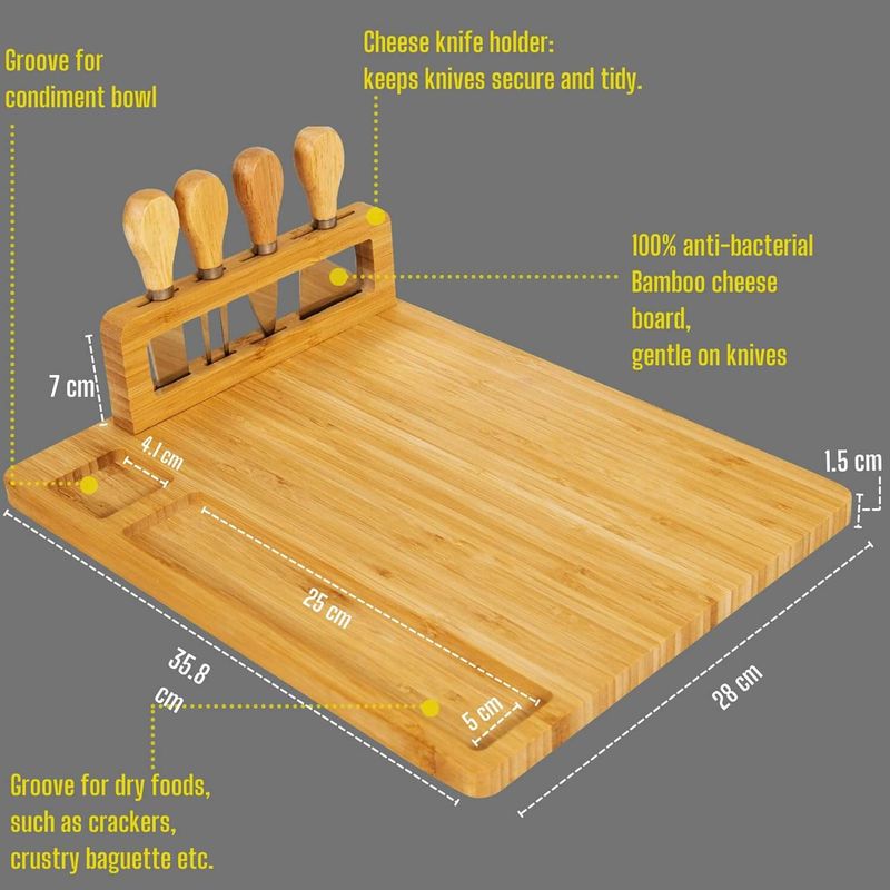 Casa si Gradina - Bucatarie si vesela - Vesela si tacamuri - Platouri de bucatarie - Set servire aperitive si branzeturi, 5 piese, cutite si ustensile pentru servire din inox, bambus, 35.8x28x1.5cm - Infinity.ro