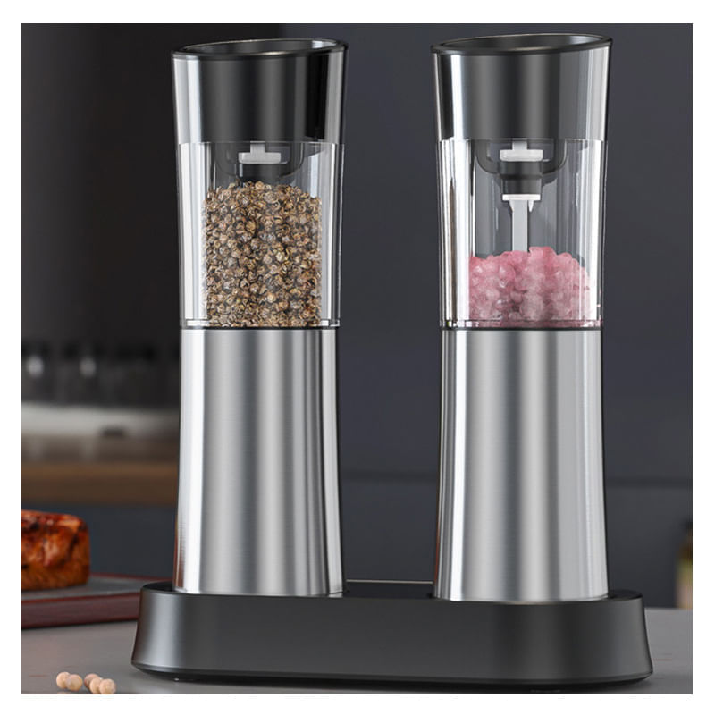 Casa si Gradina - Bucatarie si vesela - Ustensile bucatarie - Rasnite si dozatoare condimente - Set 2 rasnite electrice pentru condimente, reincarcabile, lumina LED, reglaj macinare, stand pentru incarcare, otel, Gri - Infinity.ro