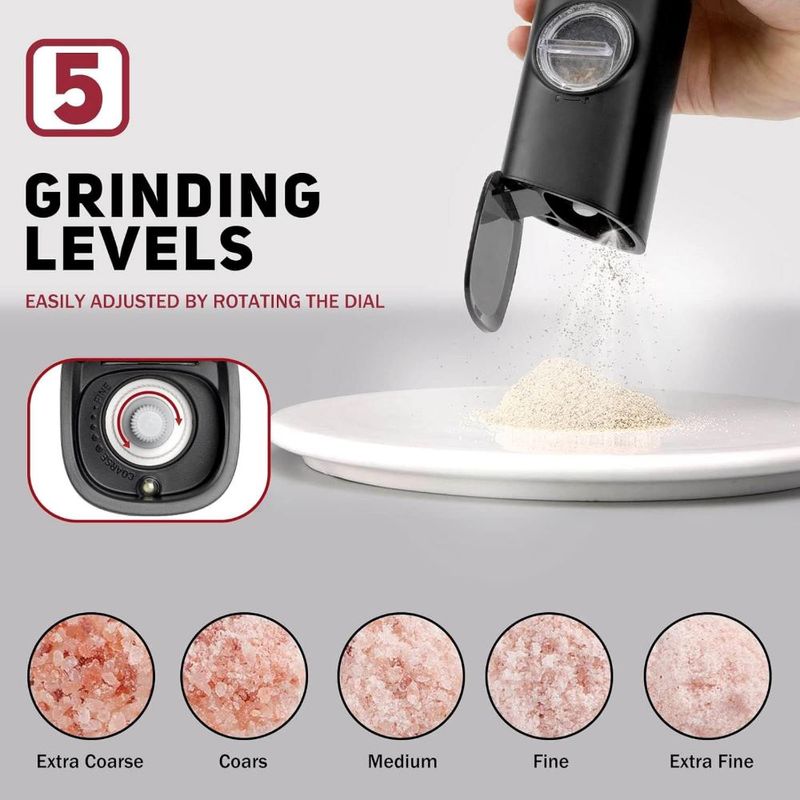 Casa si Gradina - Bucatarie si vesela - Ustensile bucatarie - Rasnite si dozatoare condimente - Set 2 rasnite electrice pentru condimente, reincarcabile, lumina LED, reglaj macinare, stand pentru incarcare, otel, Gri - Infinity.ro