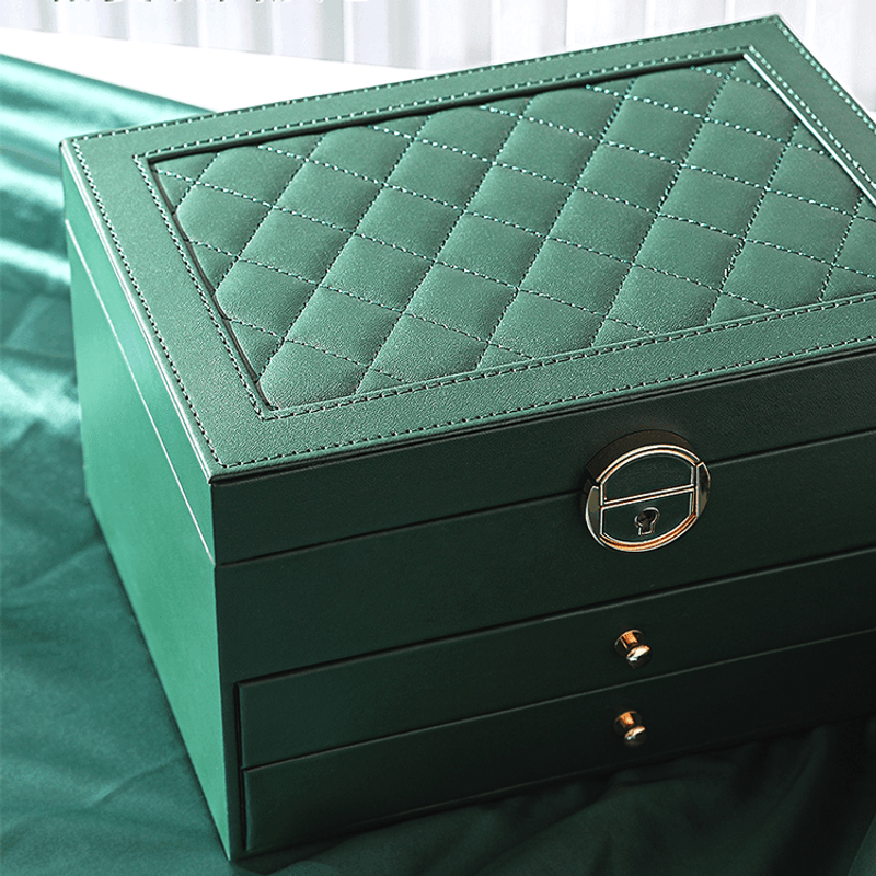 Fashion, accesorii si bijuterii - Femei - Bijuterii femei - Cutii bijuterii - Cutie Pentru Bijuterii, AB Luxury Concept, cu 3 nivele si 2 sertare, compartimentata, 27x17x14cm, piele ecologica, verde - Infinity.ro