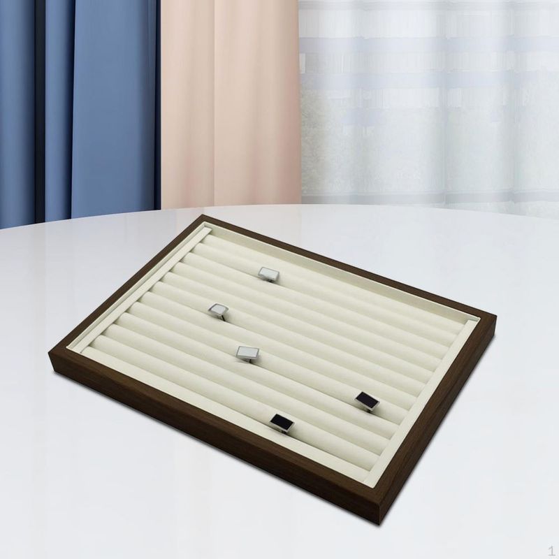 Fashion, accesorii si bijuterii - Femei - Bijuterii femei - Cutii bijuterii - Tava expunere si organizator bijuterii, lemn de nuc, 12 randuri, interior moale, 36×26x3cm suport bijuterii, lemn, crem - Infinity.ro