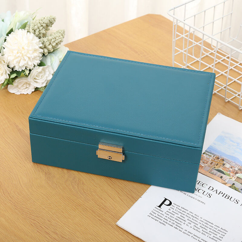 Fashion, accesorii si bijuterii - Femei - Bijuterii femei - Cutii bijuterii - Cutie Pentru Bijuterii, cu 2 nivele, Compartimente Practice, inchidere cu cheie, 23x17x9 cm, textil si piele eco, verde - Infinity.ro