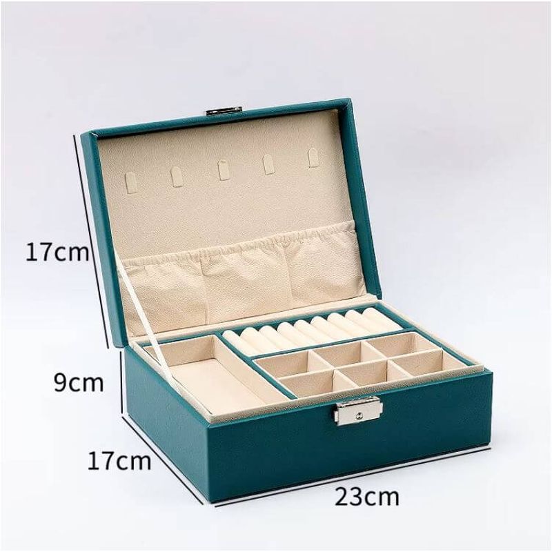 Fashion, accesorii si bijuterii - Femei - Bijuterii femei - Cutii bijuterii - Cutie Pentru Bijuterii, cu 2 nivele, Compartimente Practice, inchidere cu cheie, 23x17x9 cm, textil si piele eco, verde - Infinity.ro