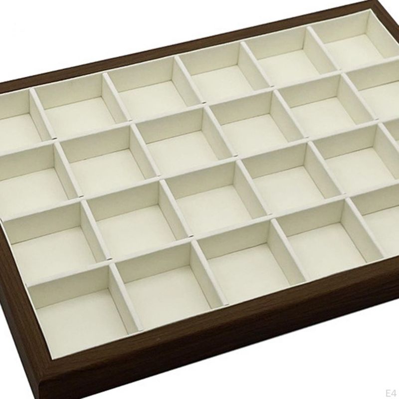 Fashion, accesorii si bijuterii - Femei - Bijuterii femei - Cutii bijuterii - Tava expunere si organizator bijuterii, lemn de nuc, 24 compartimente, interior moale, 36×26x3 cm, maro si interior crem - Infinity.ro