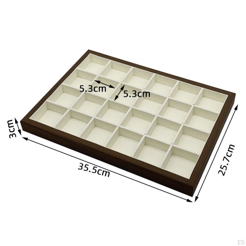 Fashion, accesorii si bijuterii - Femei - Bijuterii femei - Cutii bijuterii - Tava expunere si organizator bijuterii, lemn de nuc, 24 compartimente, interior moale, 36×26x3 cm, maro si interior crem - Infinity.ro