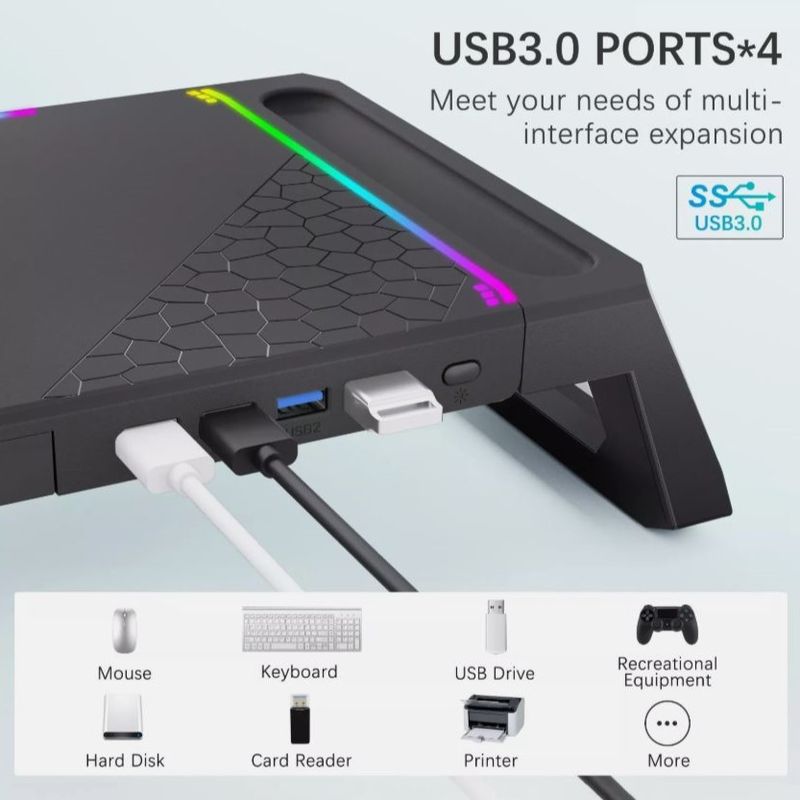 PC, gaming si accesorii - Desktop PC & monitoare - Accesorii monitoare - Suport Monitor si laptop, cu lumini RGB reglabile si 4 Port USB, Tava Depozitare, Ergonomic, Reglabil in 3 Moduri, Negru - Infinity.ro