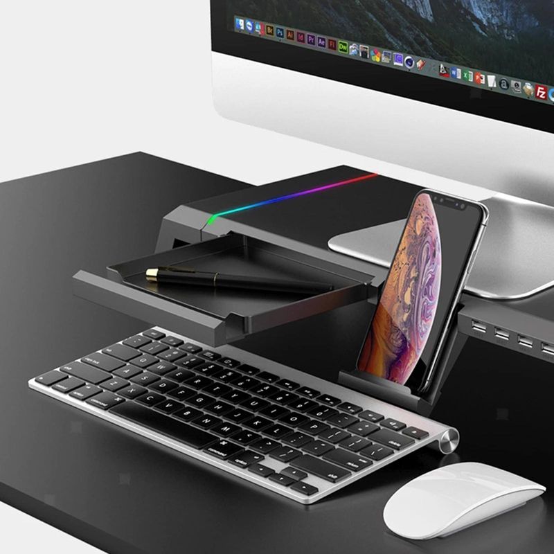 PC, gaming si accesorii - Desktop PC & monitoare - Accesorii monitoare - Suport Monitor si laptop, cu lumini RGB reglabile si 4 Port USB, Tava Depozitare, Ergonomic, Reglabil in 3 Moduri, Negru - Infinity.ro