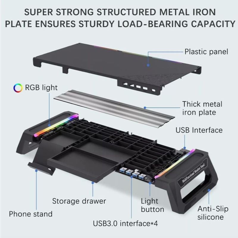 PC, gaming si accesorii - Desktop PC & monitoare - Accesorii monitoare - Suport Monitor si laptop, cu lumini RGB reglabile si 4 Port USB, Tava Depozitare, Ergonomic, Reglabil in 3 Moduri, Negru - Infinity.ro