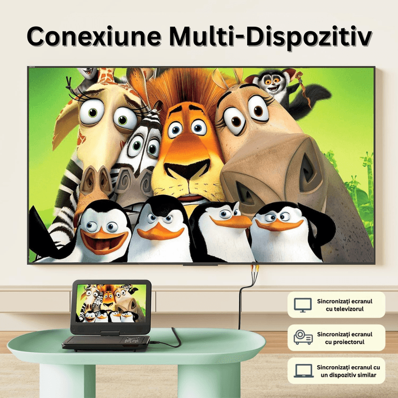 TV, Audio-Video si Foto - Home cinema si Soundbar - DVD & Blu-Ray Playere - DVD Player Portabil 10.5" HD 1024x600, Telecomanda, Rotativ 270°, Memorie, USB, Card SD, AV, Jack 3.5mm, Auto Charger - Infinity.ro