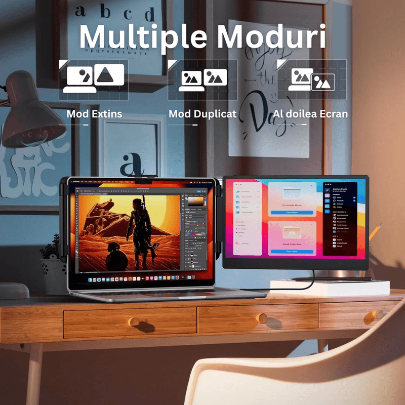 PC, gaming si accesorii - Desktop PC & monitoare - Monitoare - Monitor Extensibil Dublu Laptop 13.3-17", Ecran 14" IPS Full HD, USB-C, Portabil, Windows/MacOS, Geanta Inclusa - Infinity.ro