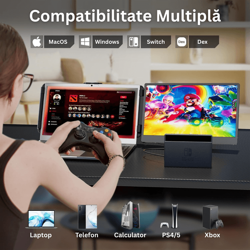 PC, gaming si accesorii - Desktop PC & monitoare - Monitoare - Monitor Extensibil Dublu Laptop 13.3-17", Ecran 14" IPS Full HD, USB-C, Portabil, Windows/MacOS, Geanta Inclusa - Infinity.ro