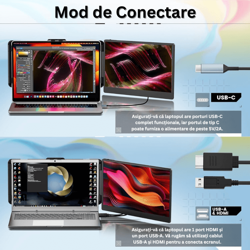 PC, gaming si accesorii - Desktop PC & monitoare - Monitoare - Monitor Extensibil Dublu Laptop 13.3-17", Ecran 14" IPS Full HD, USB-C, Portabil, Windows/MacOS, Geanta Inclusa - Infinity.ro